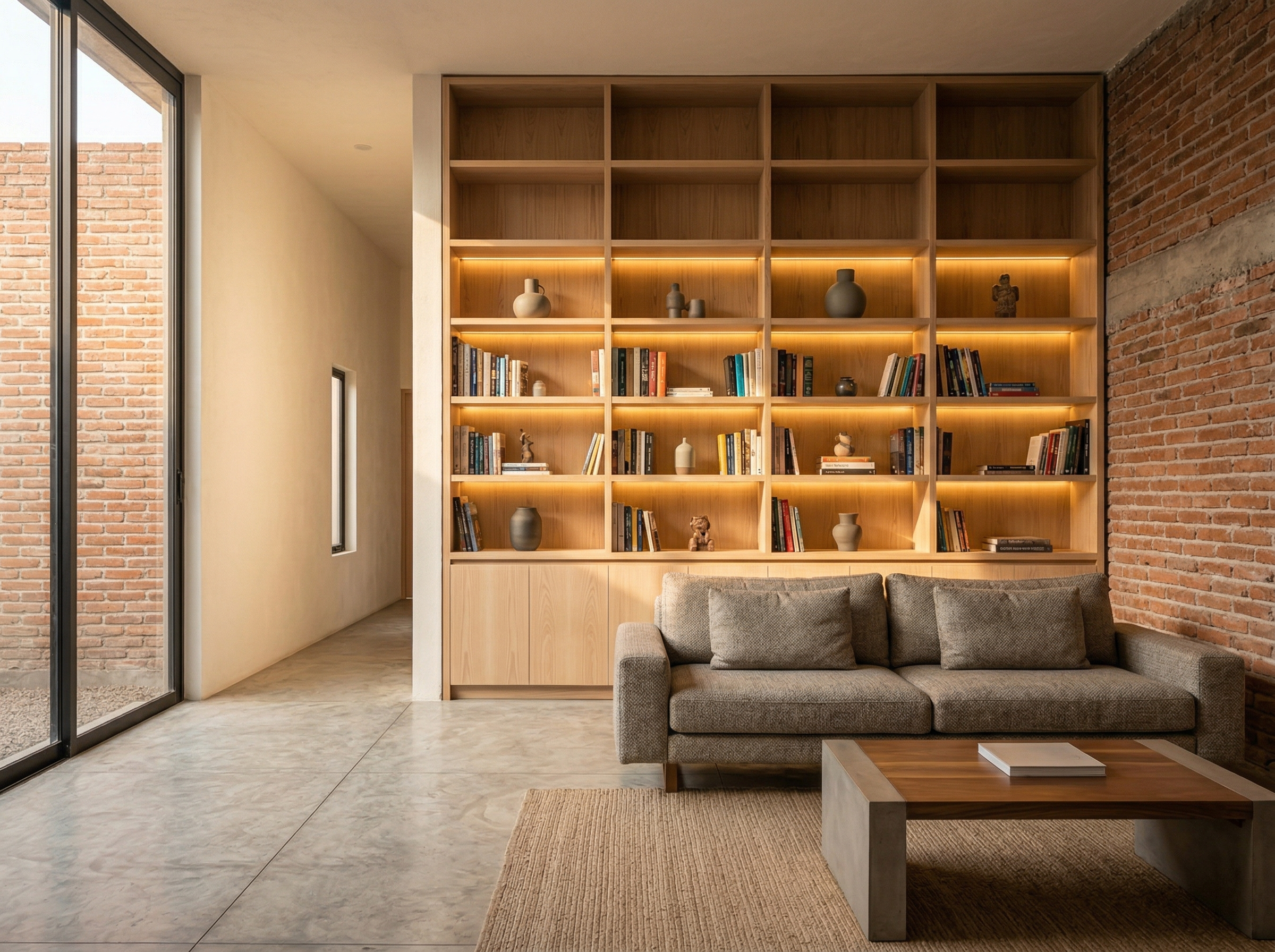 Librería empotrada de piso a techo con iluminación LED y pared de ladrillo, Tijuana