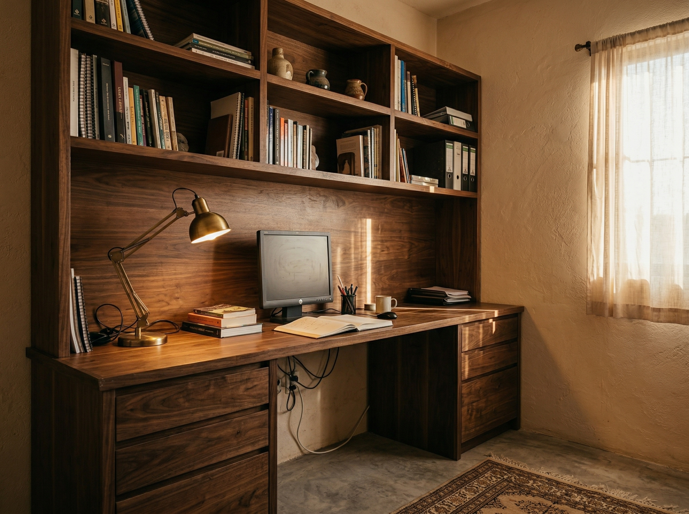 Oficina en casa con escritorio y estantería empotrada en nogal, San Diego
