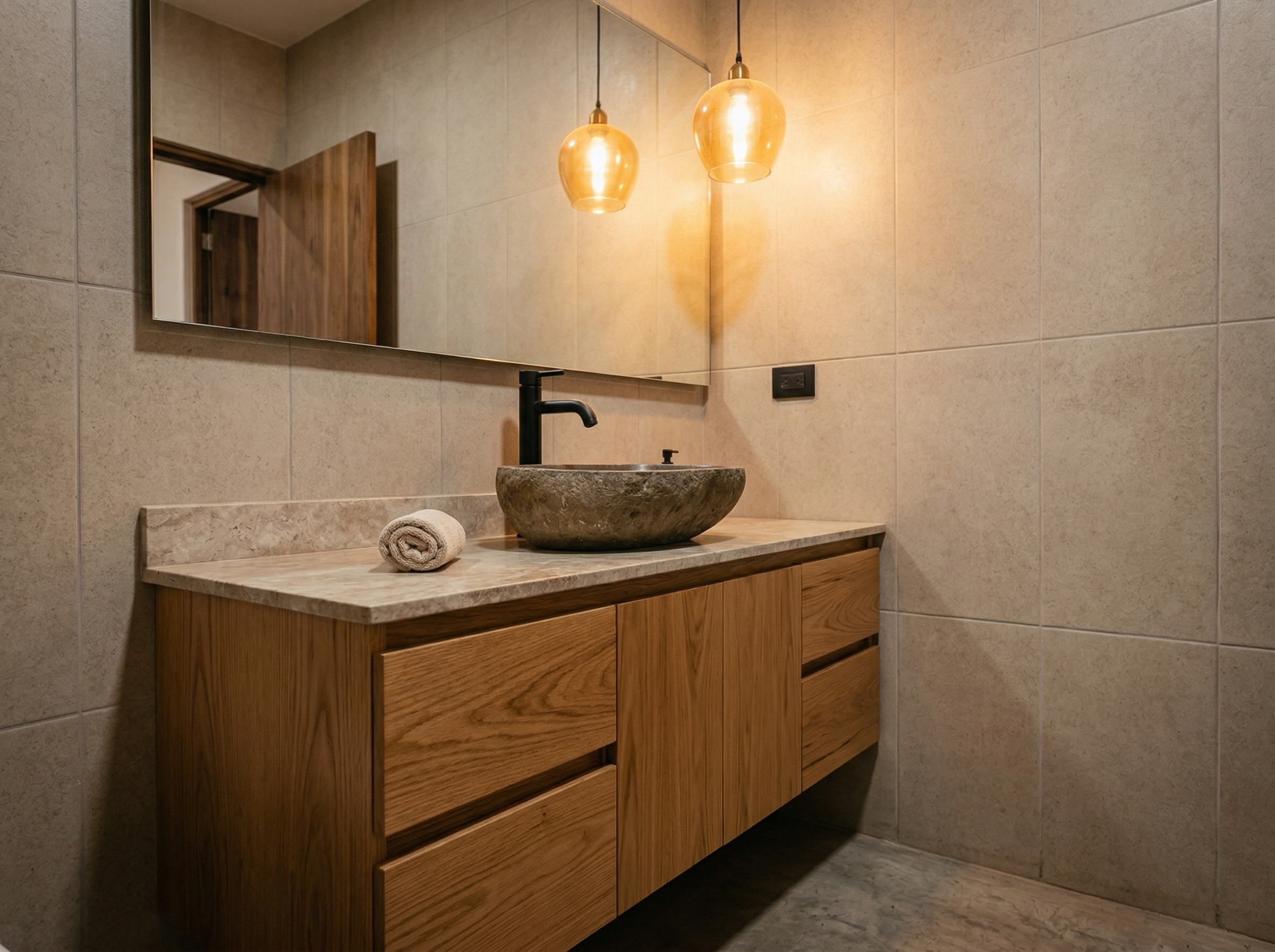 Vanidad flotante de roble a medida con tarja de piedra natural y lámparas colgantes, Tijuana