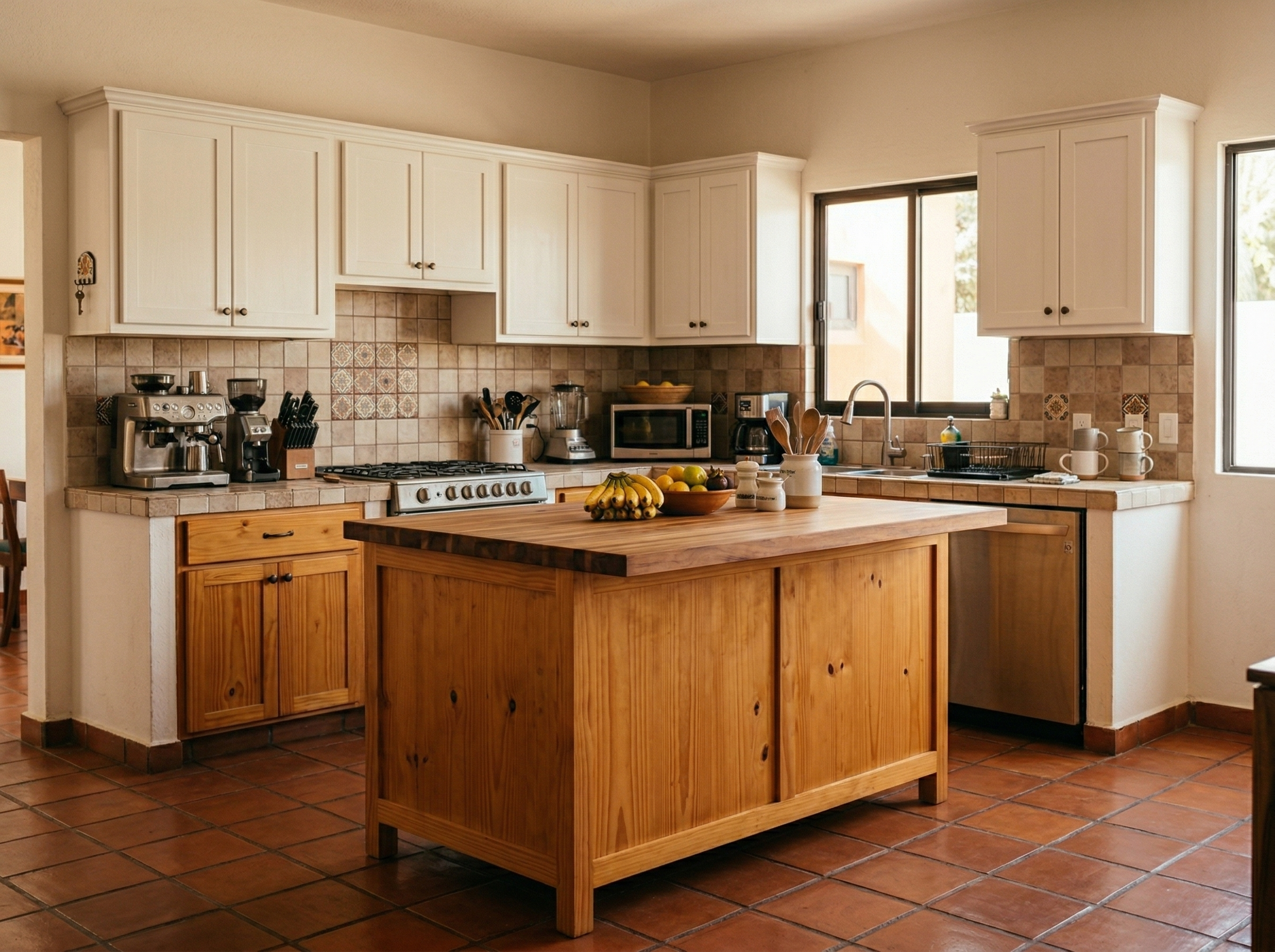 Cocina con gabinetes blancos, estantes de madera abiertos y encimera de tablones, San Diego