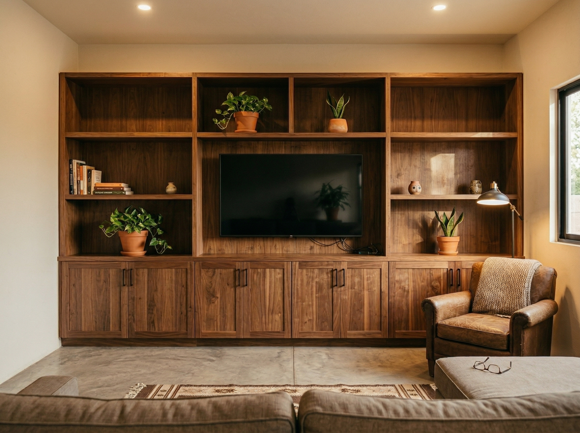 Mueble de entretenimiento empotrado en nogal oscuro con TV y plantas, Tijuana