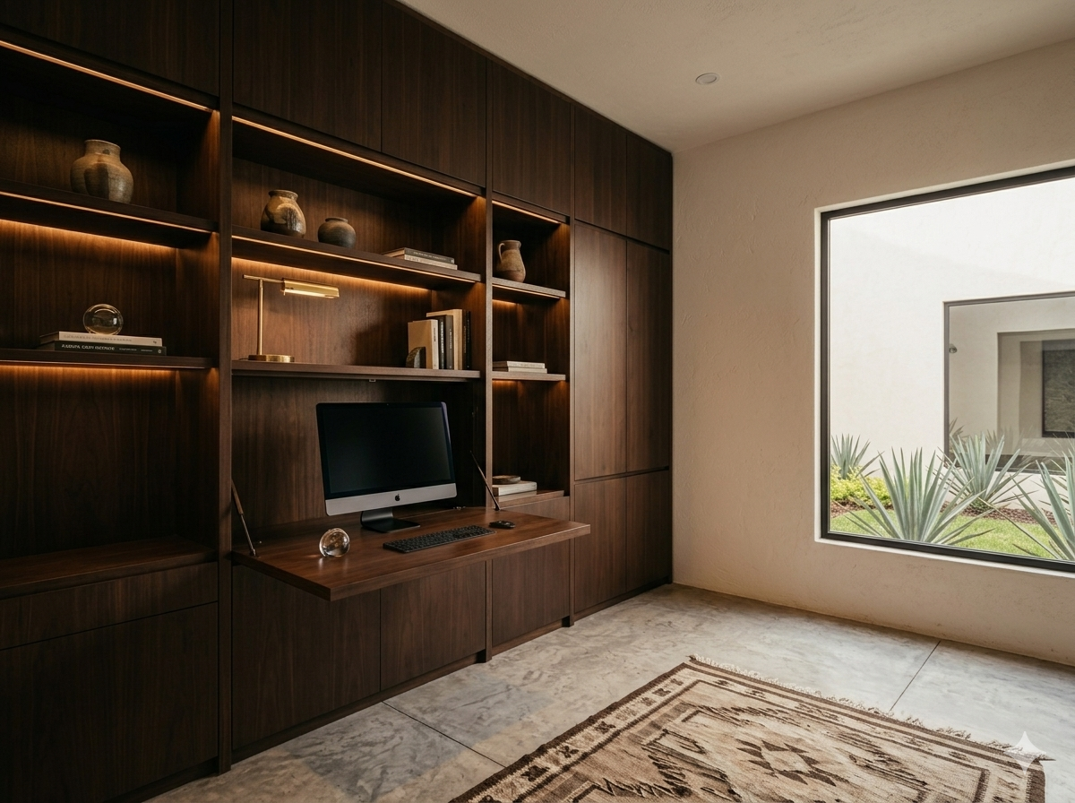 Cocina mexicana con isla de pino, pisos de barro rojo y gabinetes superiores blancos, Tijuana