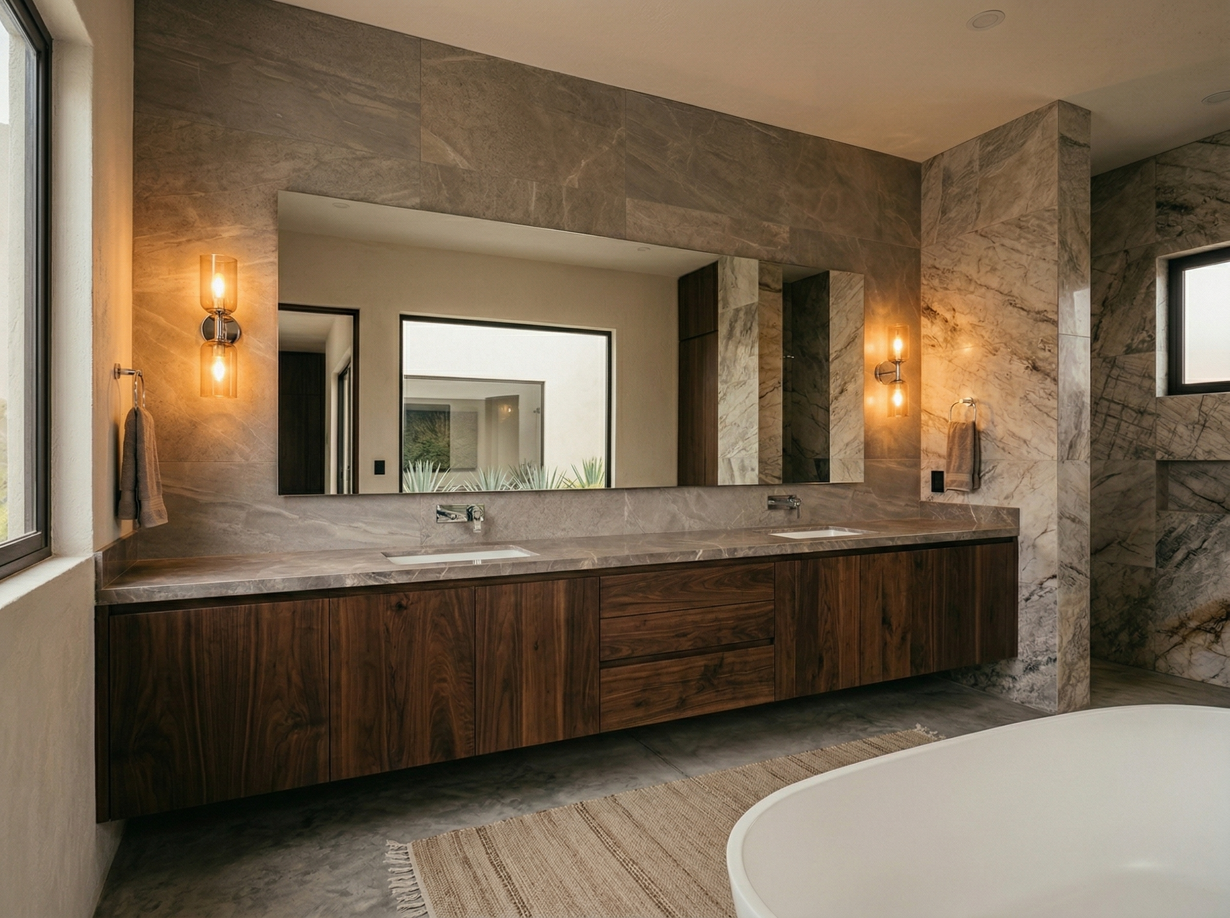 Baño principal de lujo con doble vanidad flotante de nogal, muros de mármol y tina independiente
