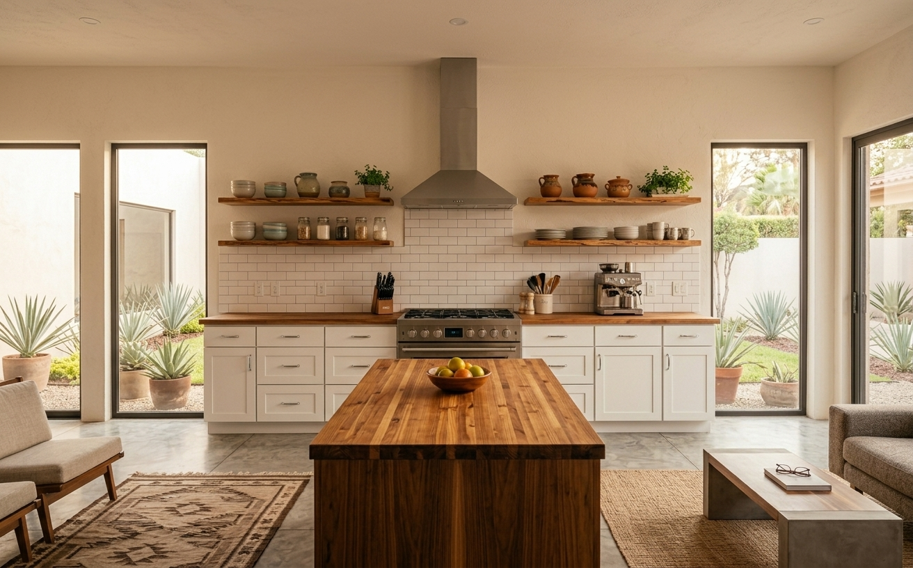 Cocina abierta con gabinetes blancos, isla de nogal y ventanas al jardín de agaves, San Diego