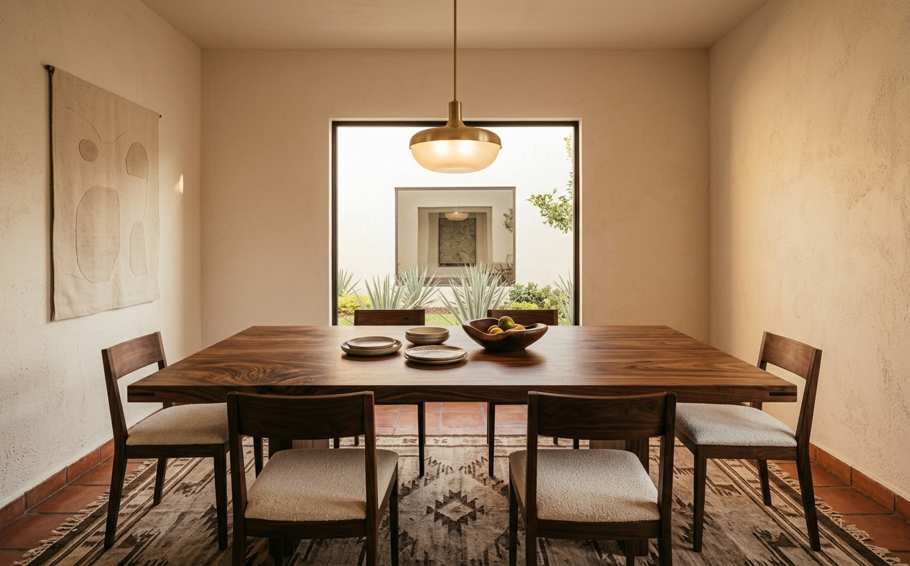 Mesa de comedor en nogal macizo con sillas a juego y vista al jardín de agaves